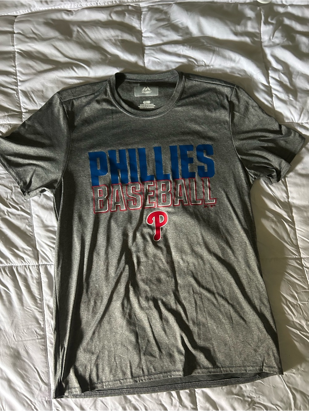 Majestic Gray Phillies Baseball Graphic Tee with Blue and Red Accents